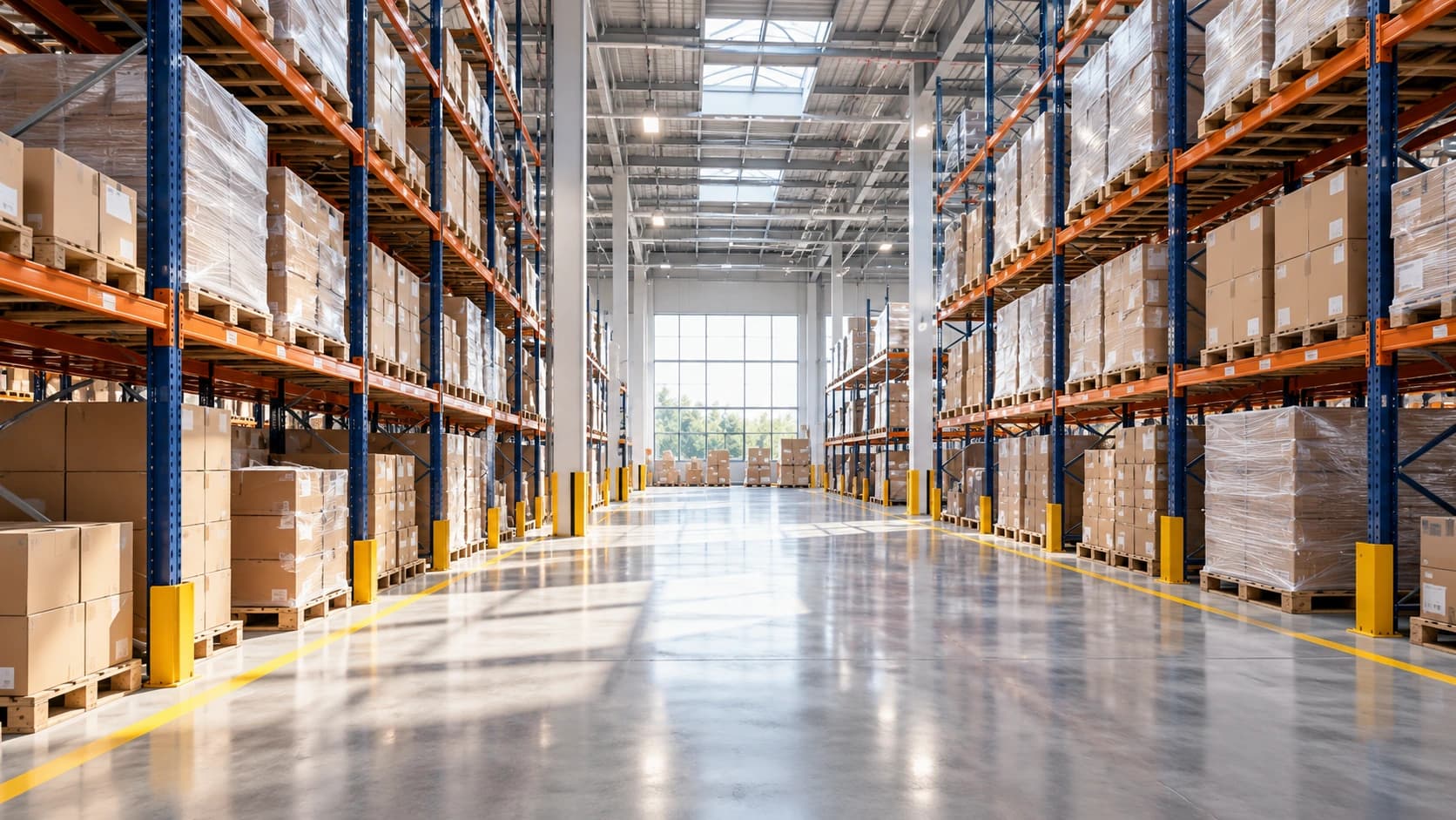 Warehouse aisles and industrial floors in a logistics facility