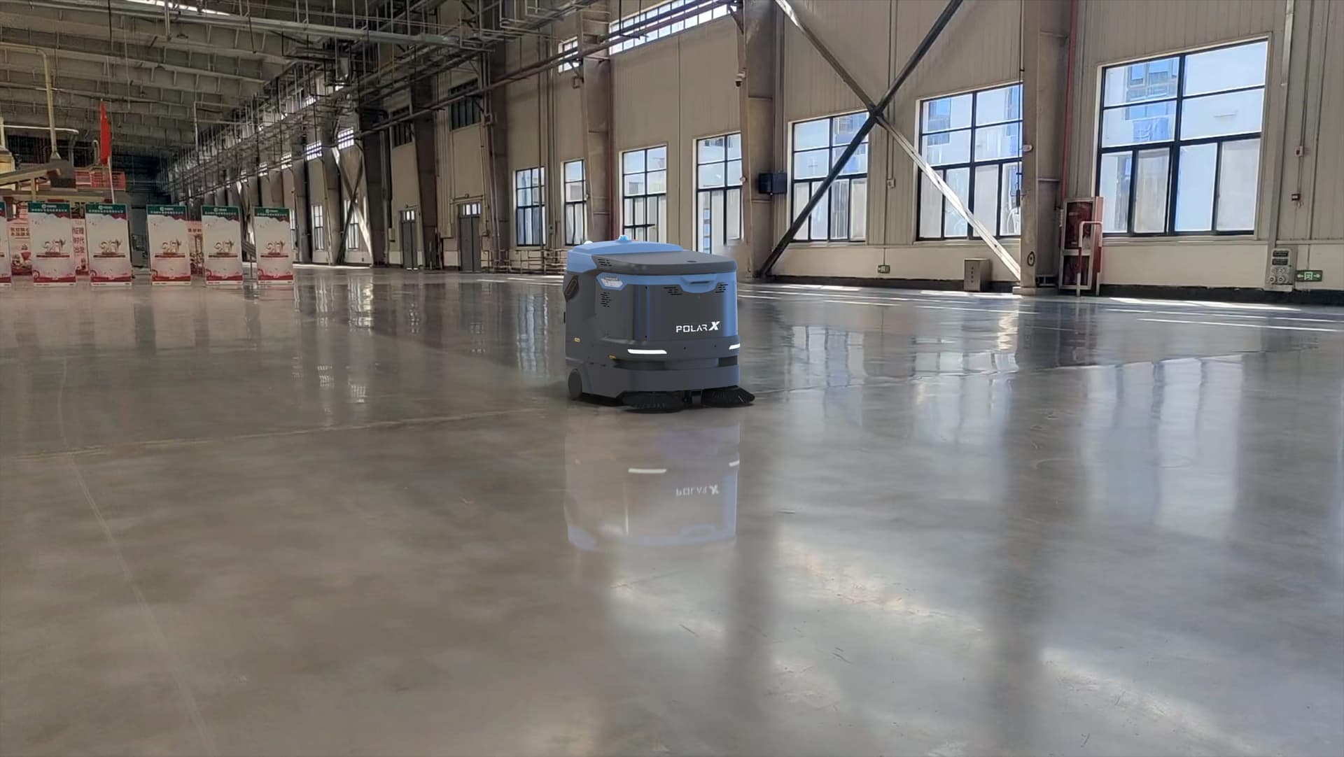 Autonomous sweeping robot cleaning a warehouse or logistics site