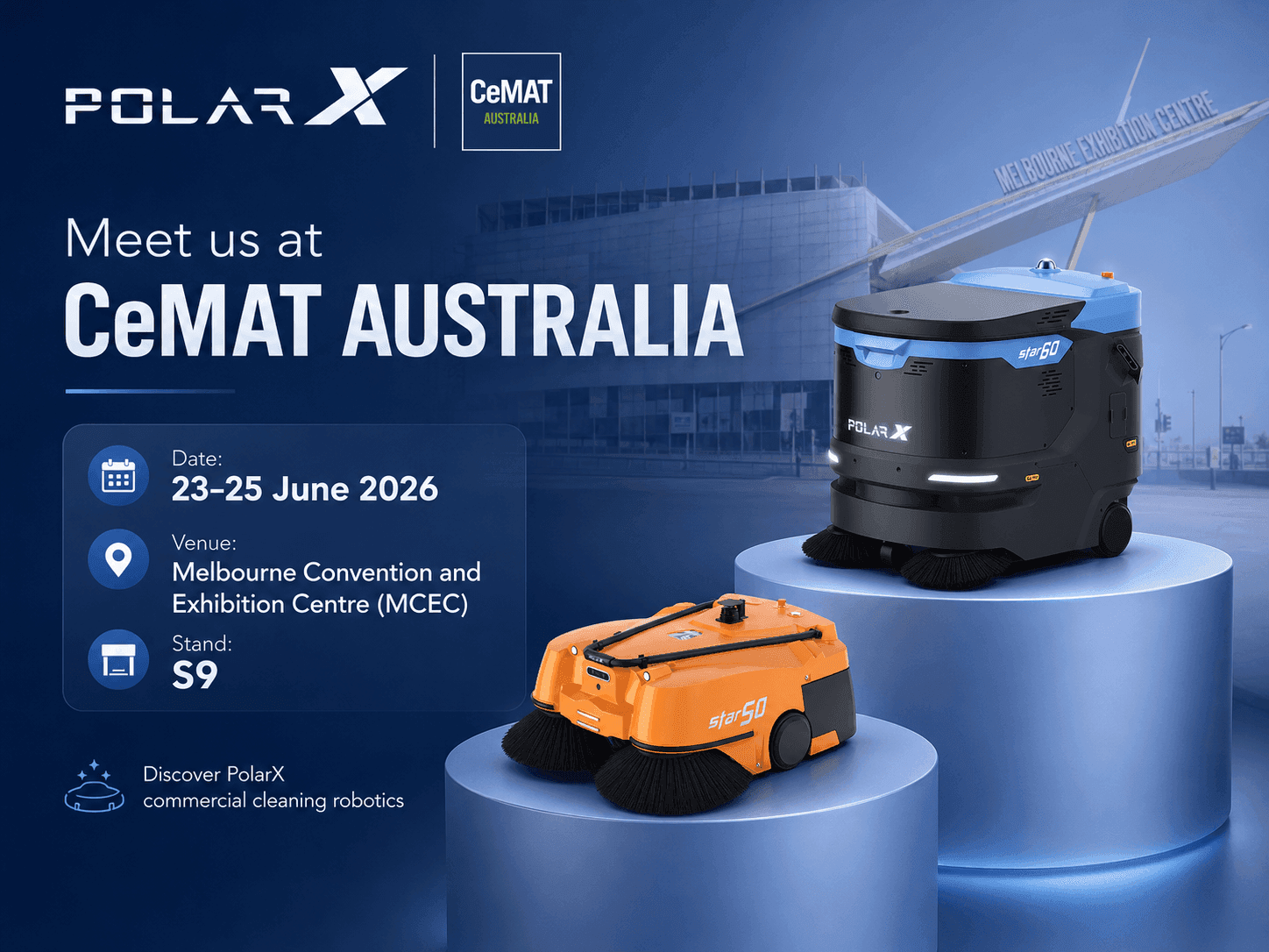 PolarX Robotics CeMAT Australia 2026 event card with Star50 and Star60 cleaning robots