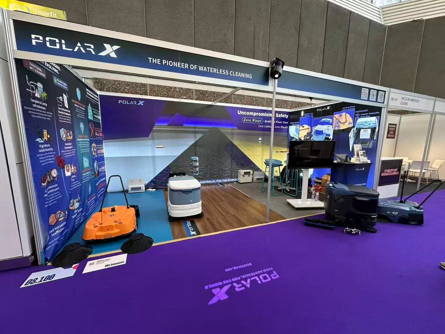 PolarX Robotics booth display with Star50 and Star60 cleaning robots at Interclean Amsterdam 2026