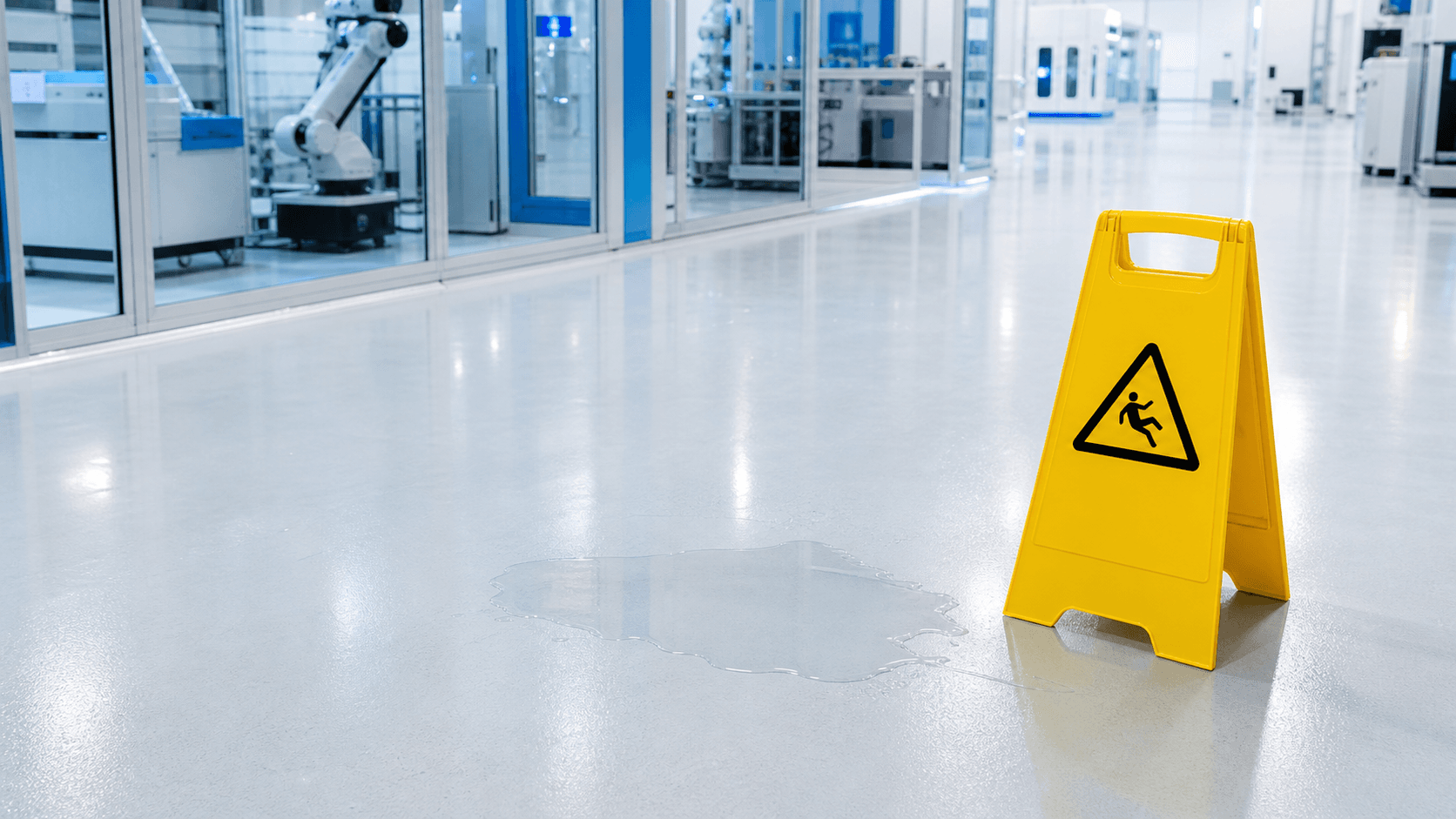 Wet floor caution sign on a polished commercial floor