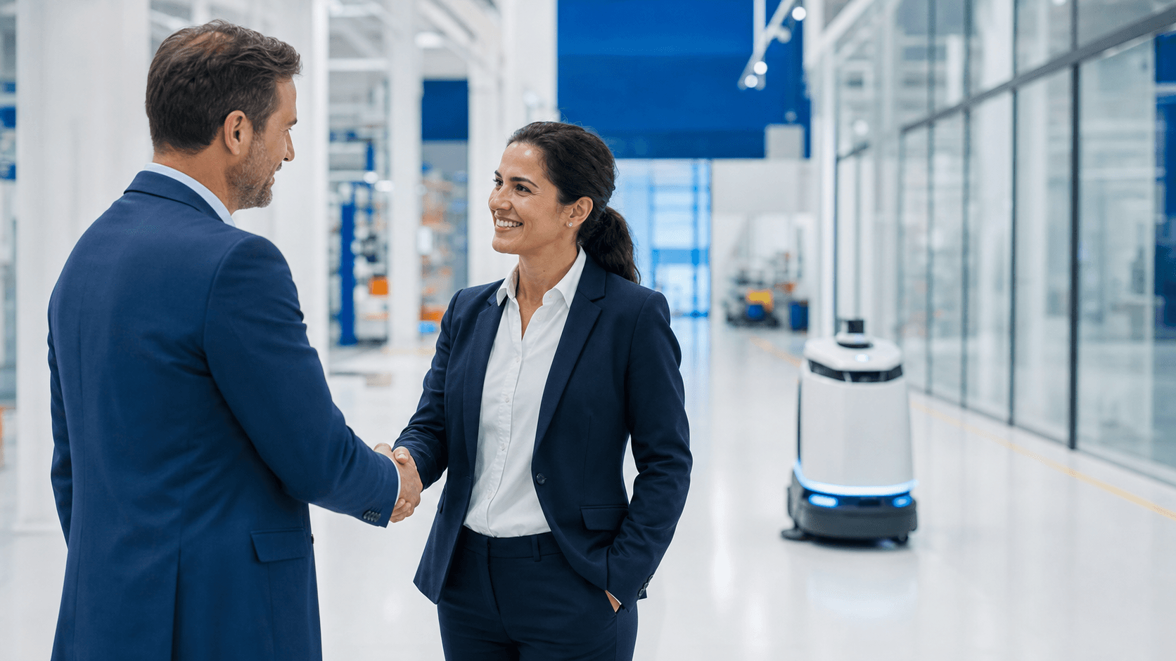 Commercial robotics partnership discussion in a bright facility